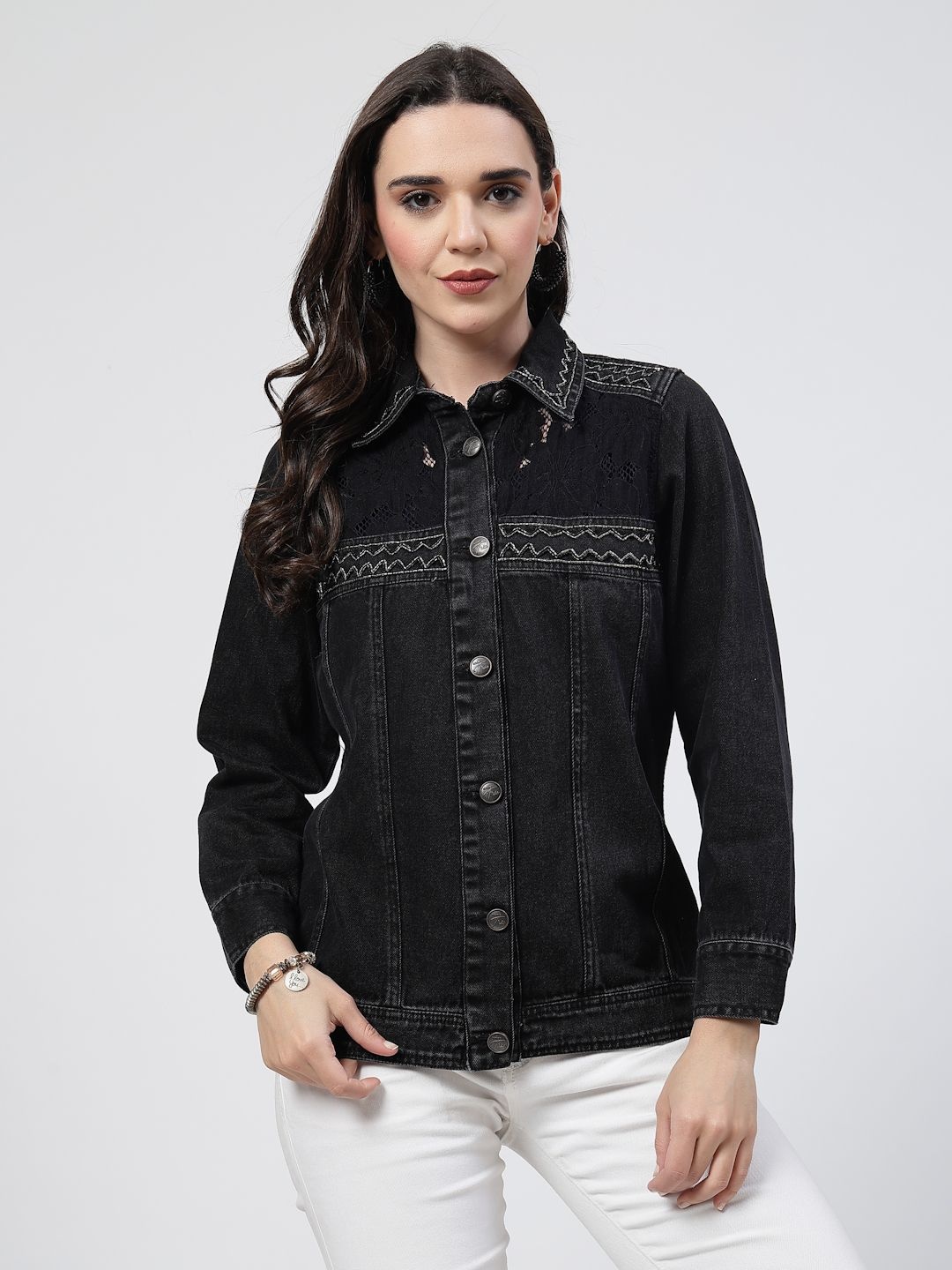 

COSMIC TRIO Women Spread Collar Solid Cotton Casual Lightweight Denim Jacket, Black