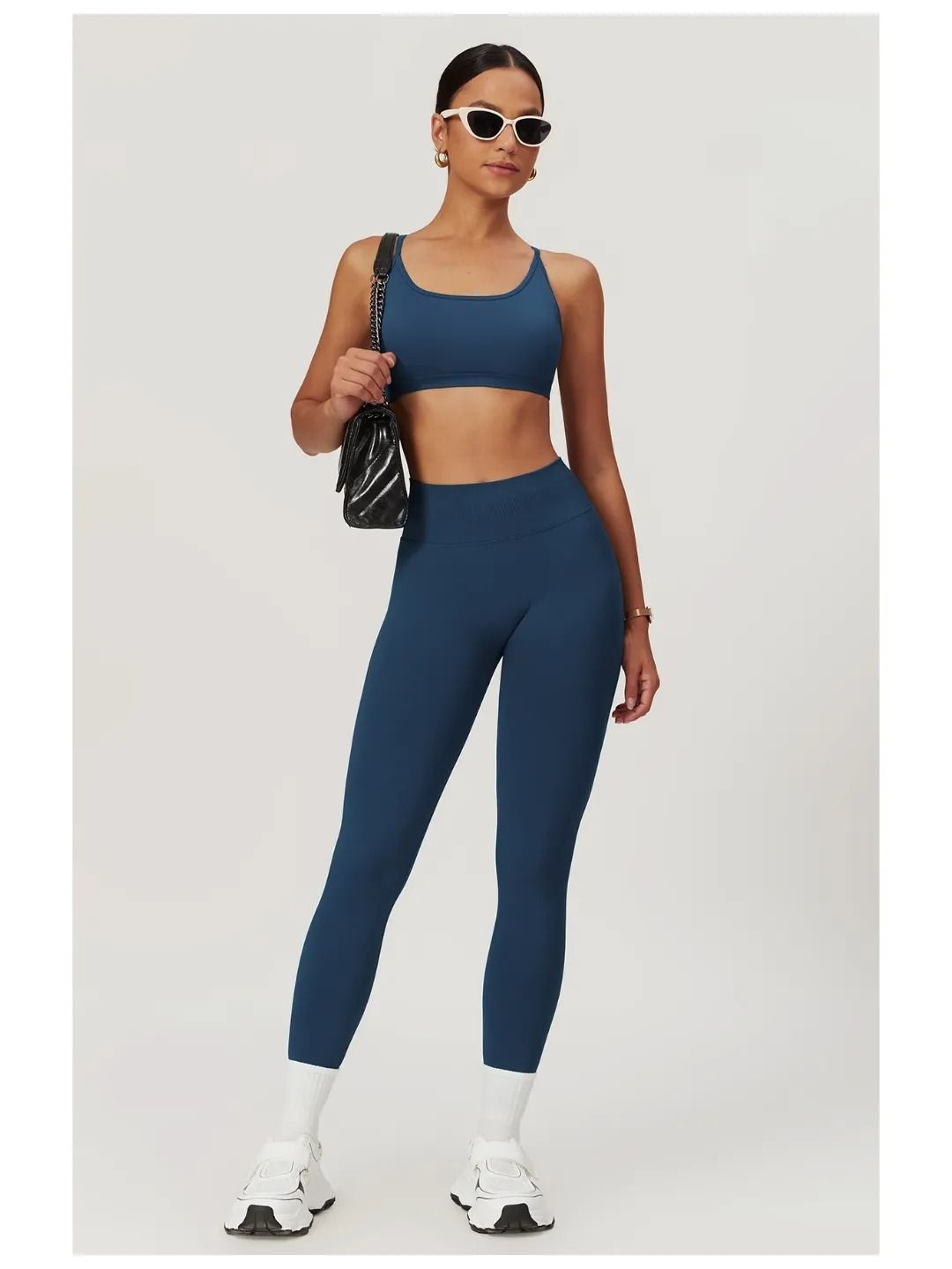 

SUPERVINTAGE Shoulder Straps Sleeveless Crop Top With Leggings Co-Ords, Navy blue