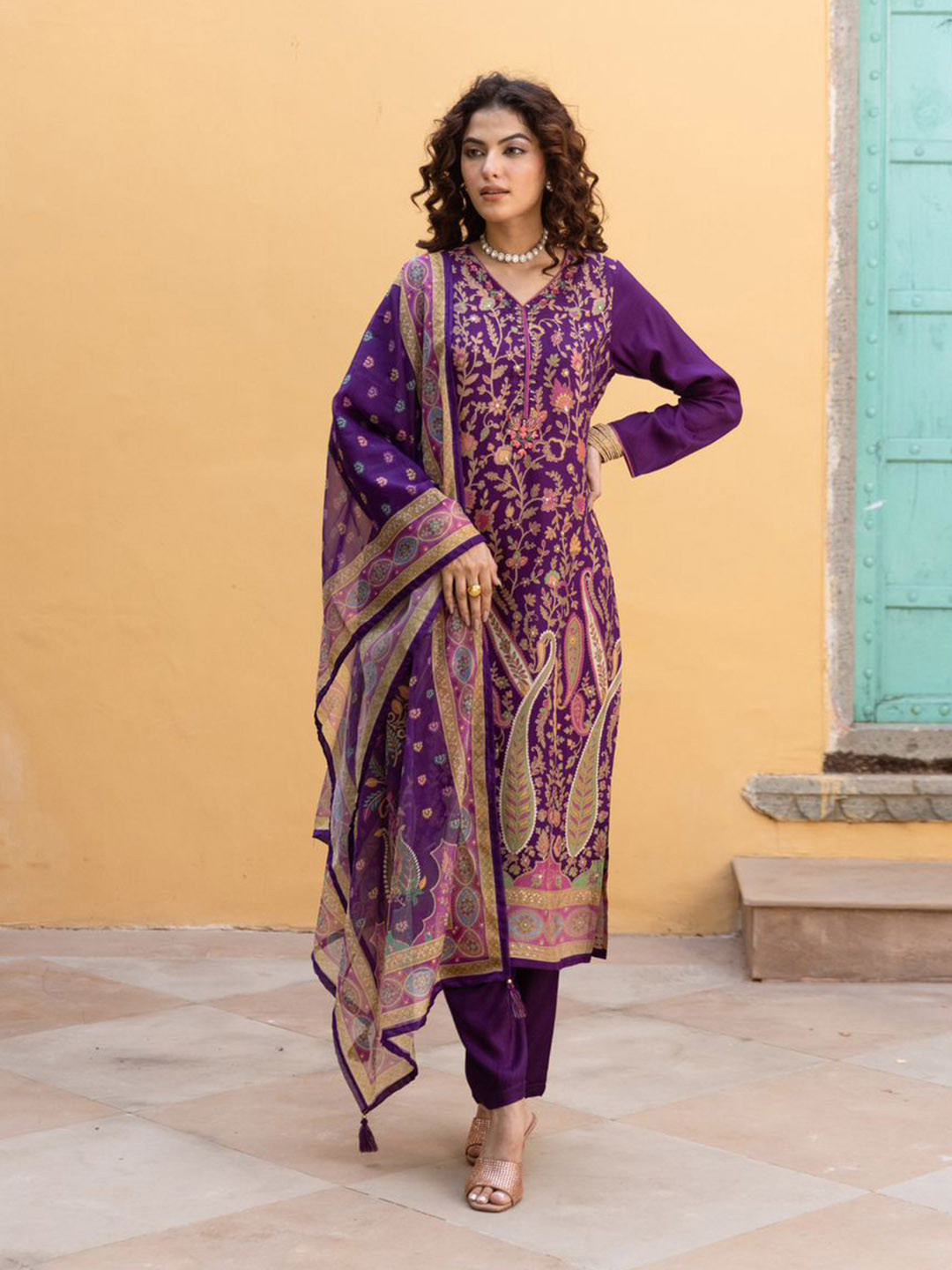 

Anouk Women Paisley Printed Regular Thread Work Kurta with Trousers & With Dupatta, Purple