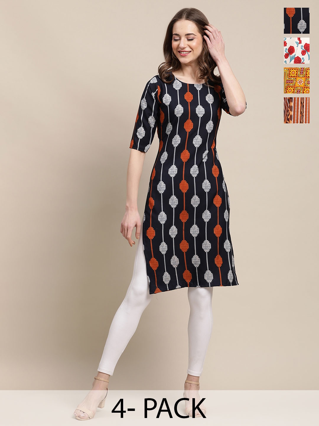 

7Threads Selections Of 4 Geometric Printed Straight Kurtas, Black