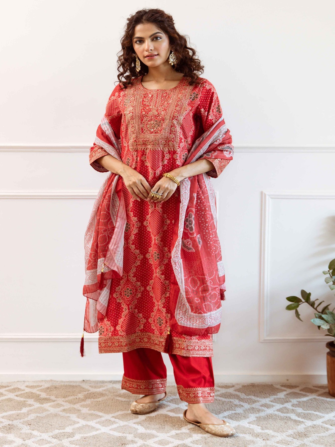 

KALINI Women Bandhani Printed Regular Sequinned Kurta with Palazzos & With Dupatta, Red