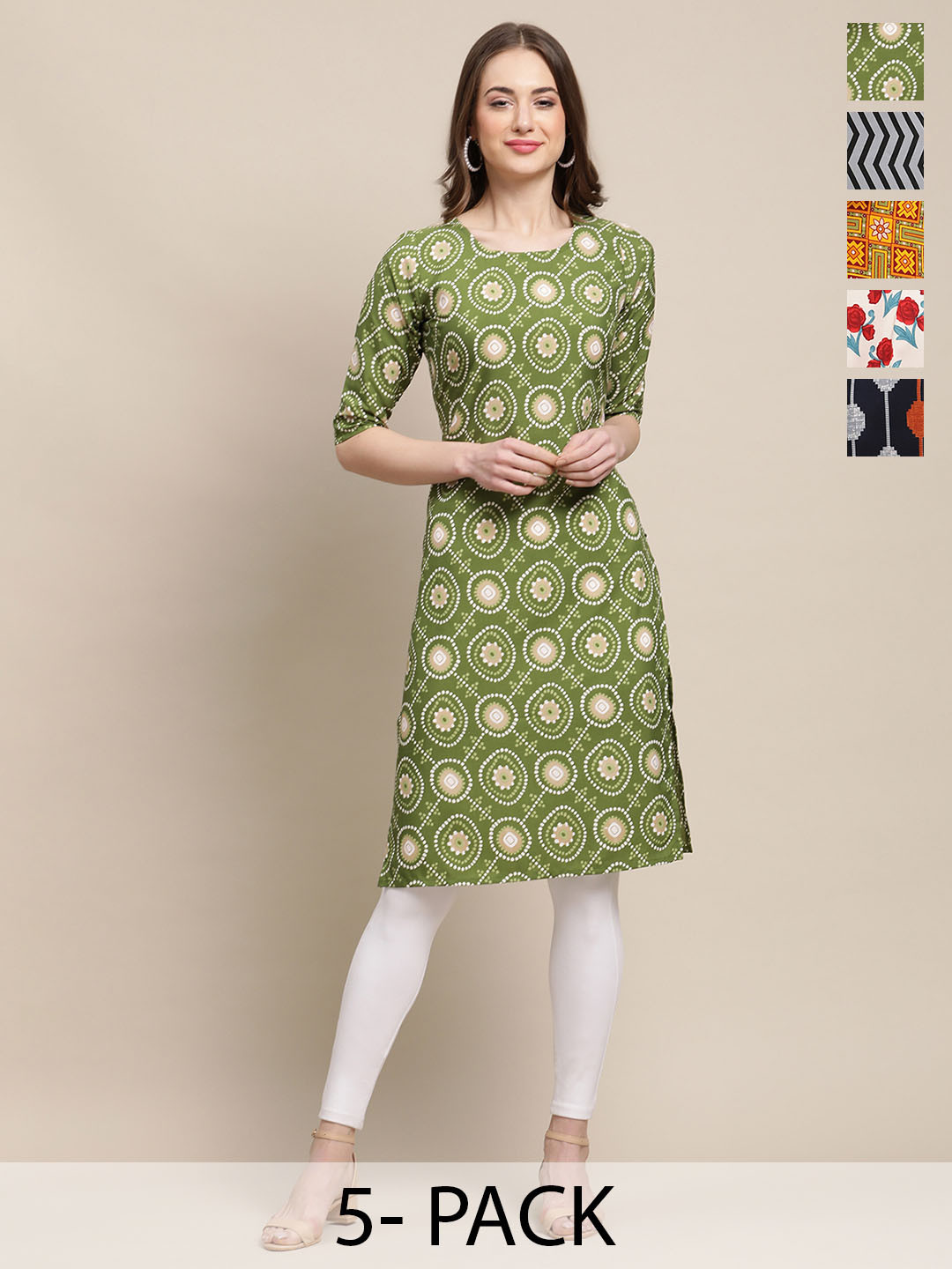 

7Threads Selection Of 5 Ethnic Motifs Printed Round Neck Regular Sleeves Straight Kurtas, Green