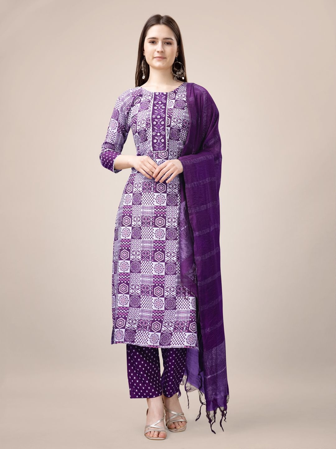 

HI FI NX Women Ethnic Motifs Printed Regular Kurta with Palazzos & With Dupatta, Purple