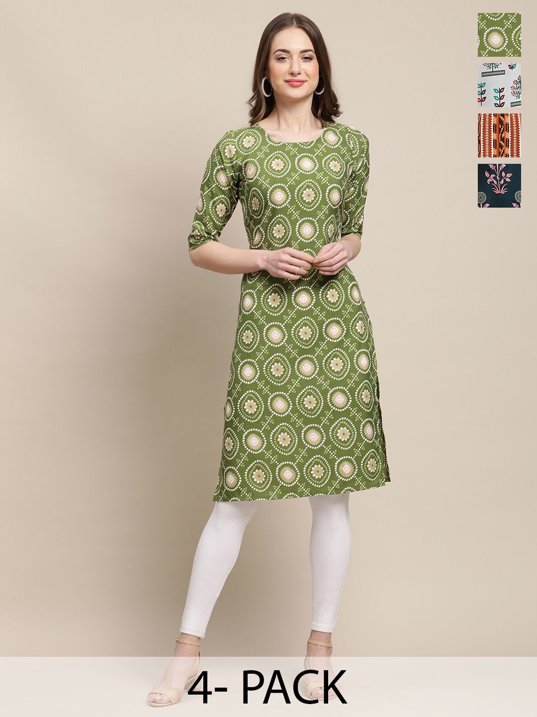 

7Threads Selection Of 4 Ethnic Motifs Printed Straight Kurtas, Green