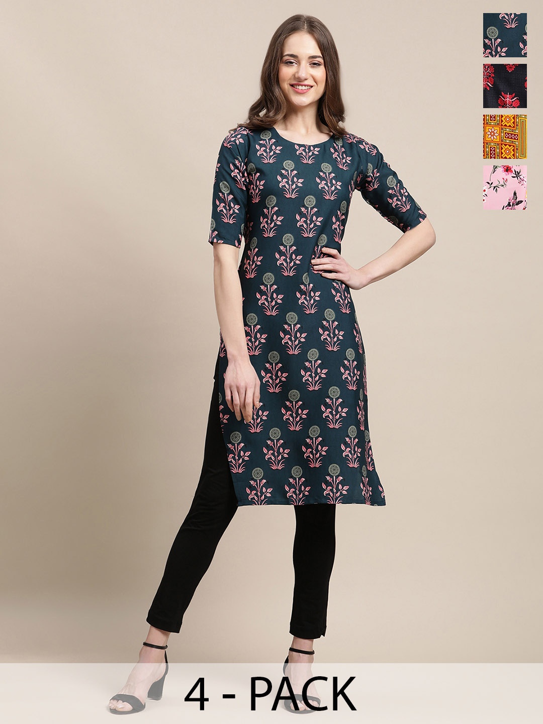 

7Threads Selection Of 4 Floral Printed Round Neck Crepe Straight Kurta, Green