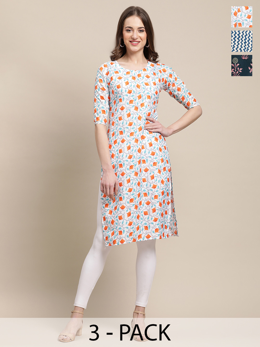 

7Threads Selection Of 3 Ethnic Motifs Printed Round Neck Straight Crepe Kurtas, White