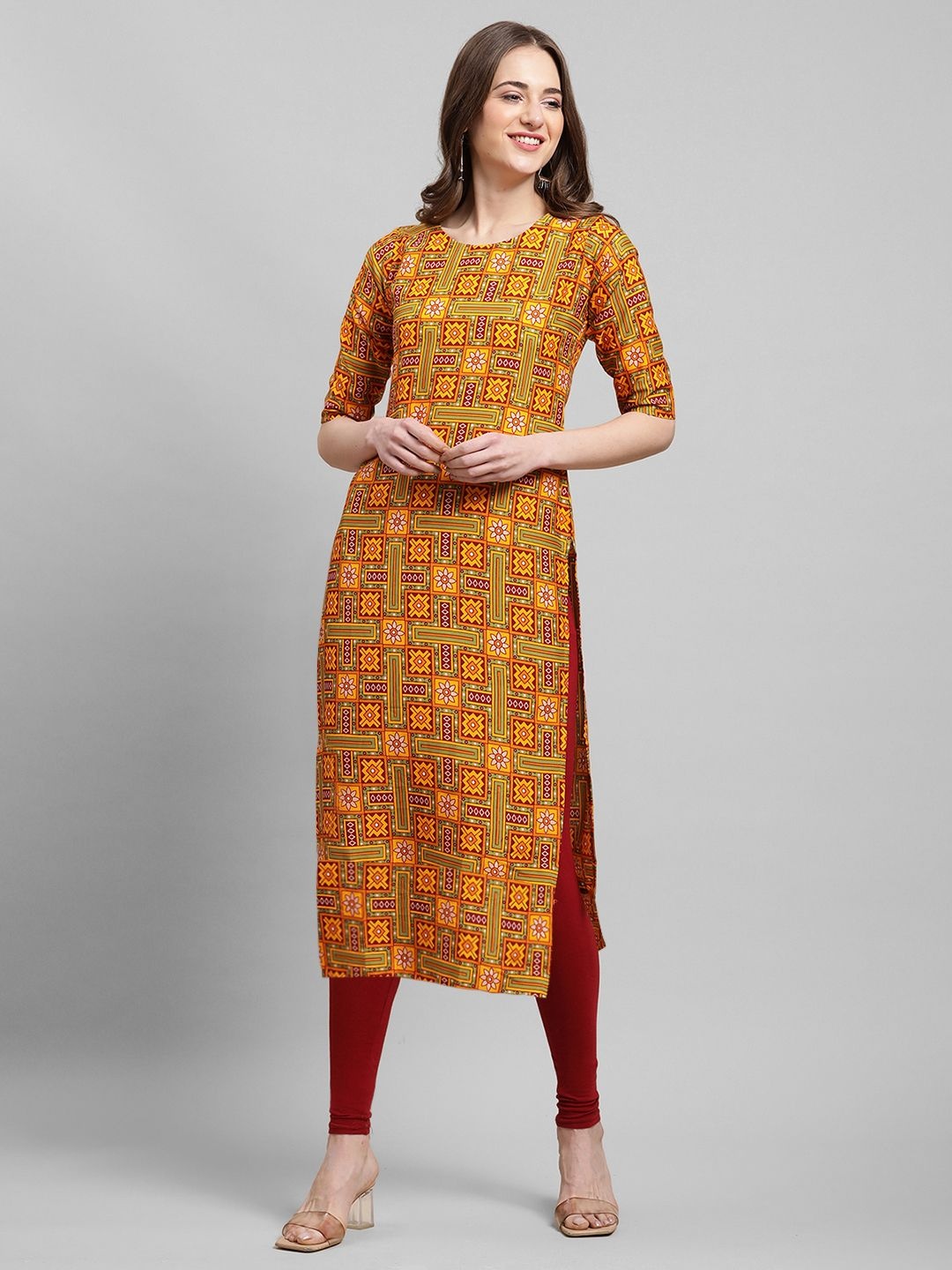 

7Threads Women Ethnic Motifs Printed Sequinned Floral Crepe Kurta, Mustard