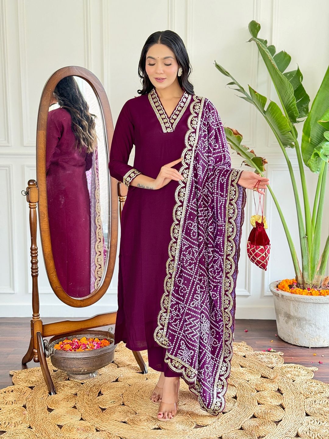 

KALINI Women Regular Sequinned Kurta with Trousers & With Dupatta, Magenta