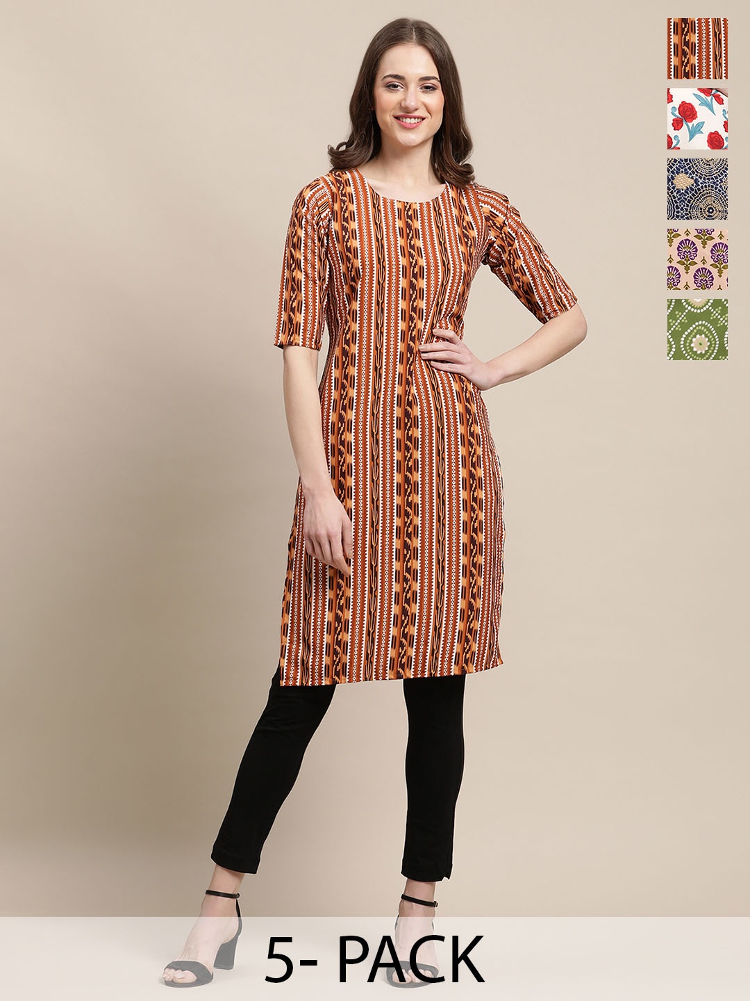 

7Threads Selections Of 5 Ethnic Motifs Printed Straight Kurtas, Brown