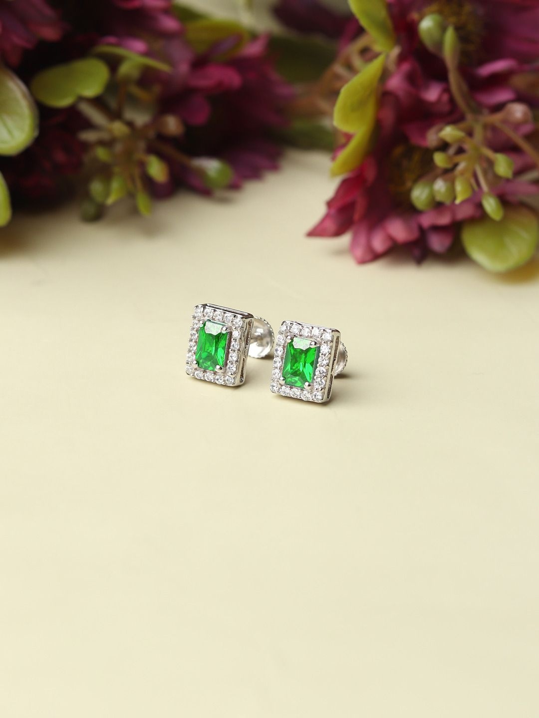 

AKSHAT SAPPHIRE 925 Sterling Silver Rhodium-Plated CZ Studded Square Studs Earrings