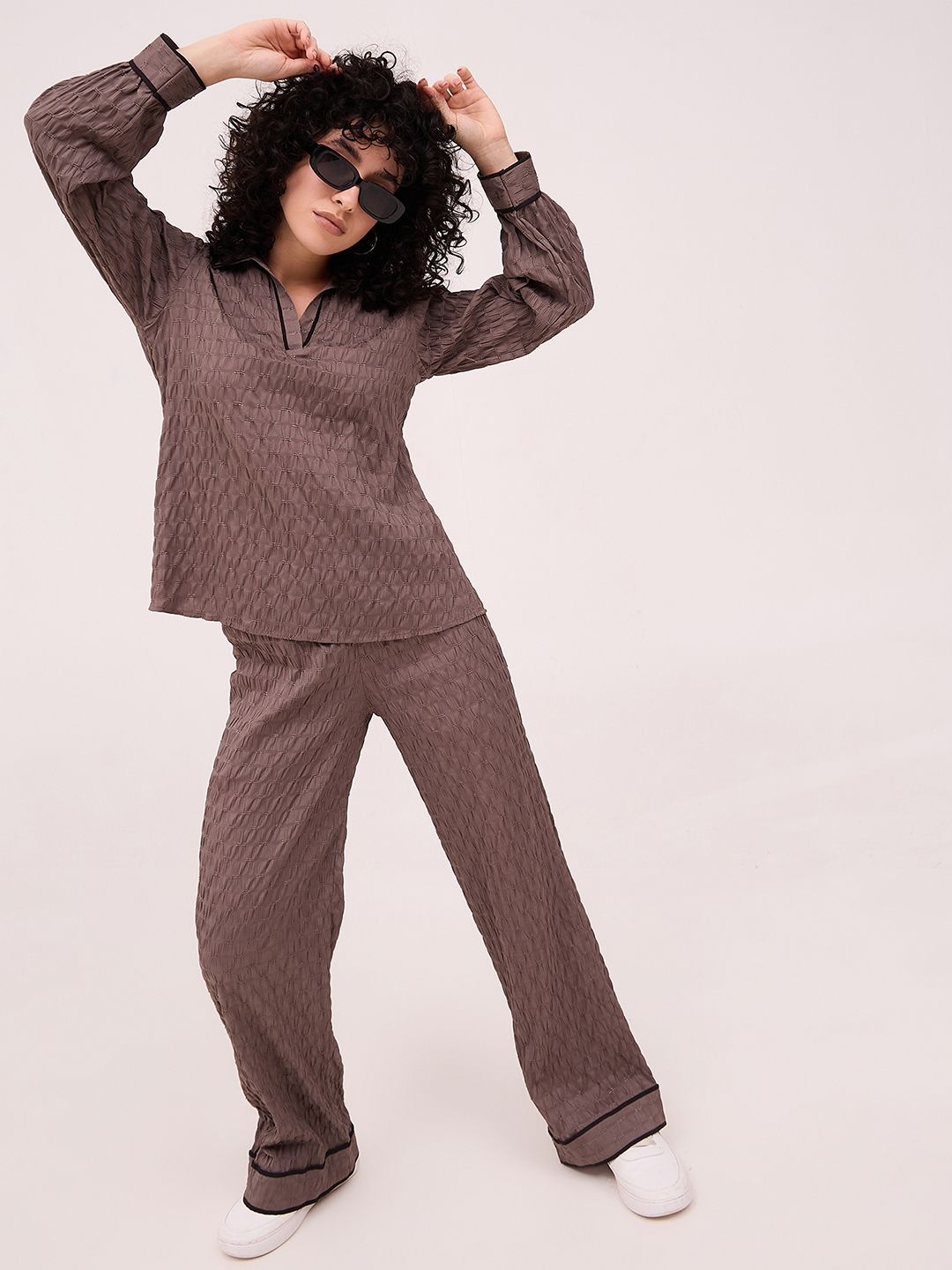 

DressBerry Brown Shirt Collar Self Design Top with Trousers