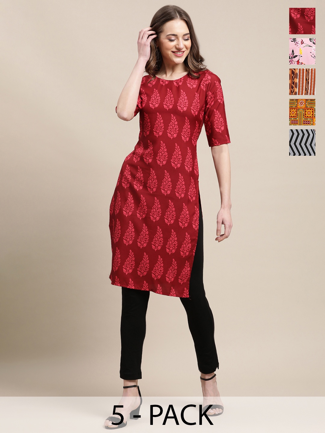 

7Threads Selection Of 5 Ethnic Motifs Printed Round Neck Crepe Straight Kurta, Red