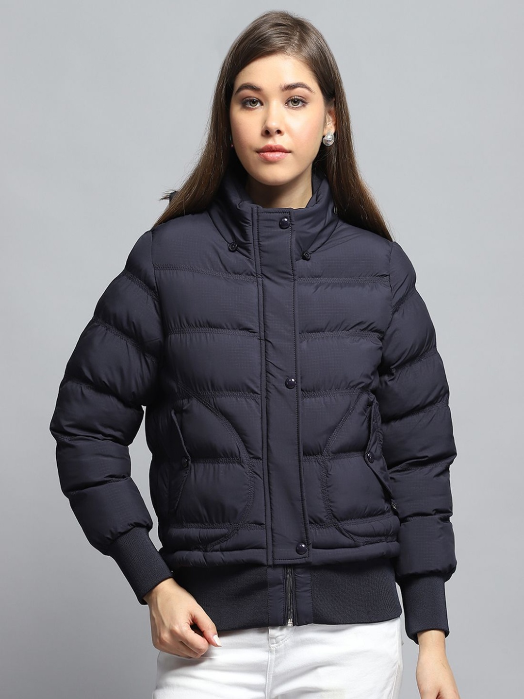 

Monte Carlo Women Mock Collar Solid Casual Lightweight Puffer Jacket, Navy blue