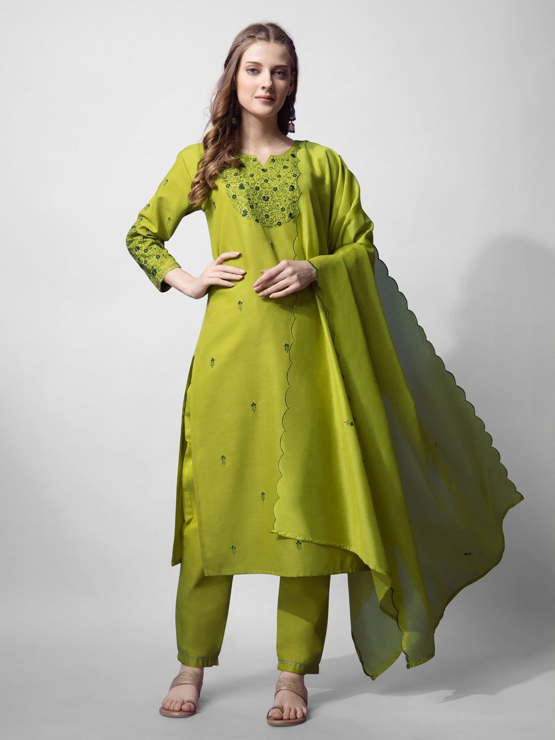 

HI FI NX Women Embroidered Regular Kurta with Trousers & With Dupatta, Green