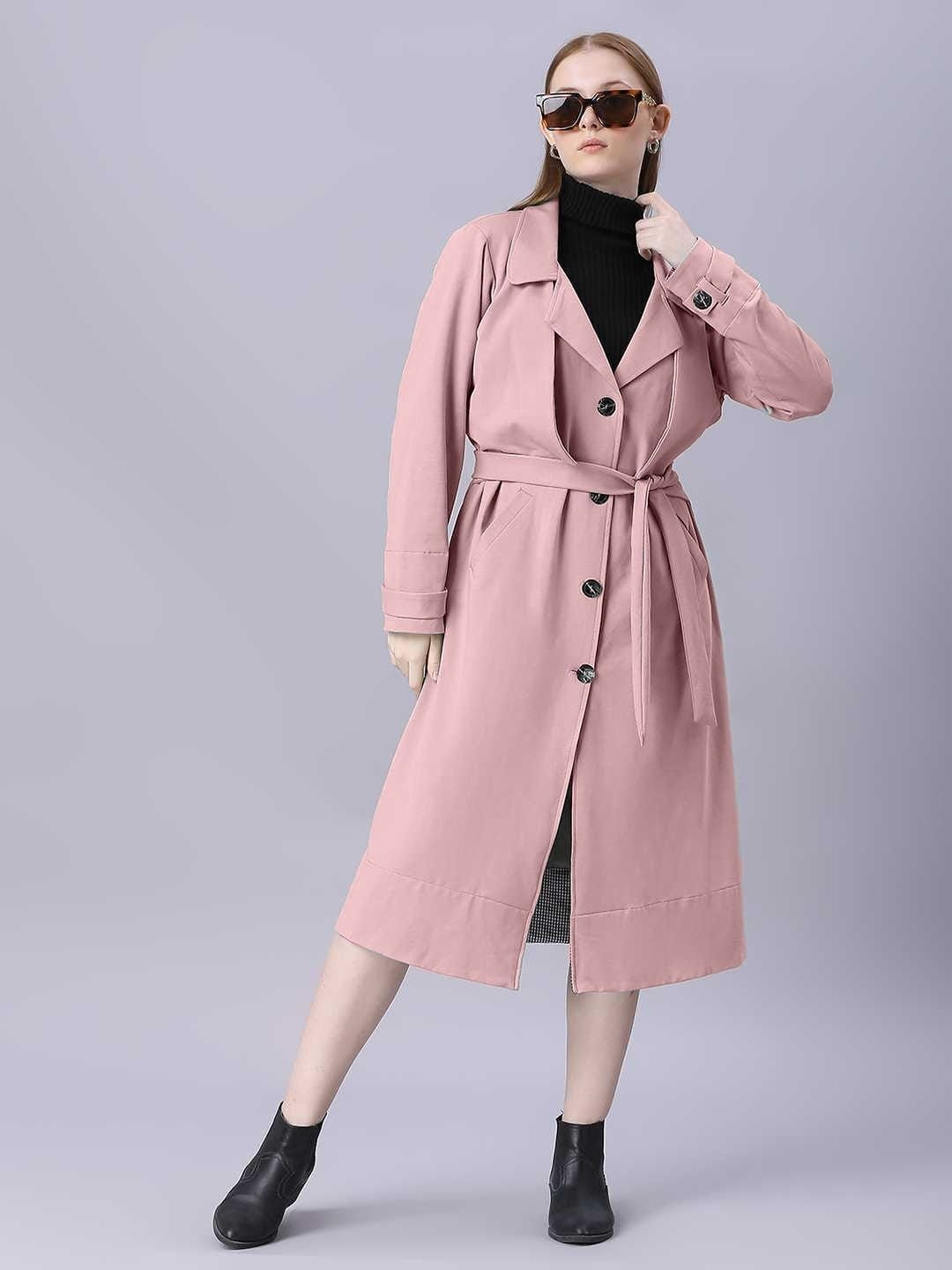 

Autumn Hues Women Solid Notched Lapel Water Resistant Trench Coat, Pink