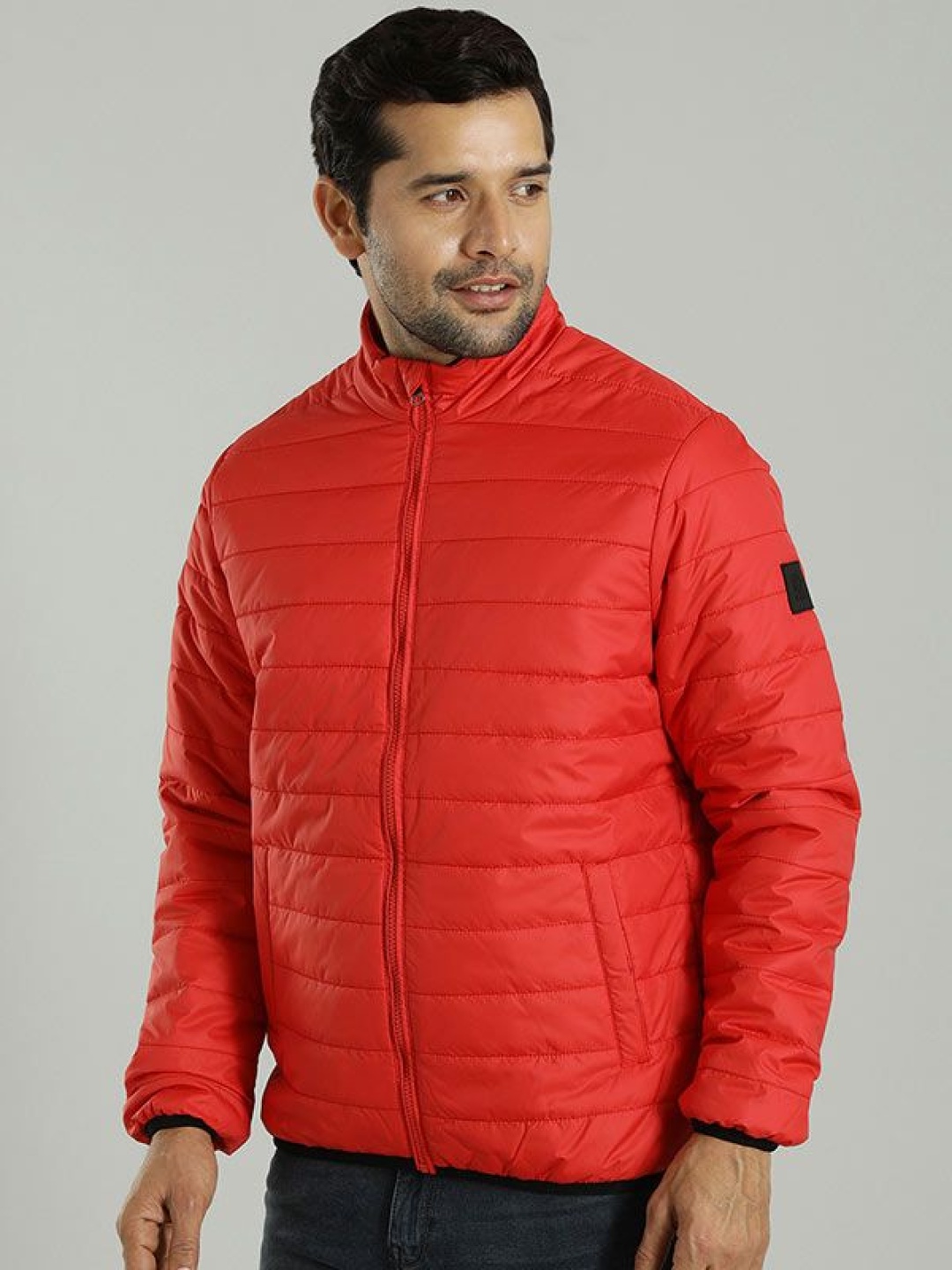 

Indian Terrain Men Mock Collar Solid Cotton Casual Insulator Puffer Jacket, Red