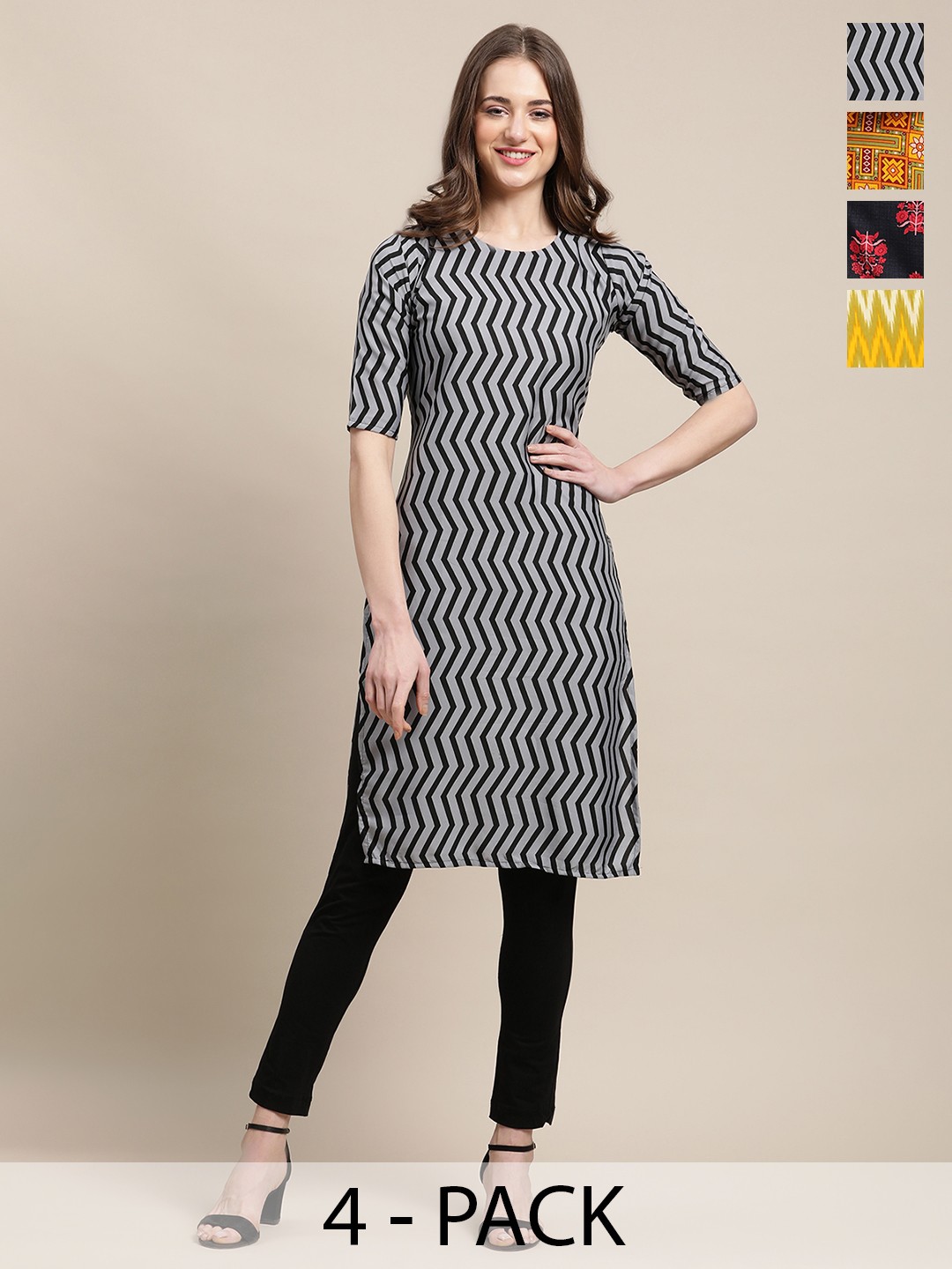 

7Threads Pack Of 4 Chevron Printed Round Neck Straight Crepe Kurta, Grey
