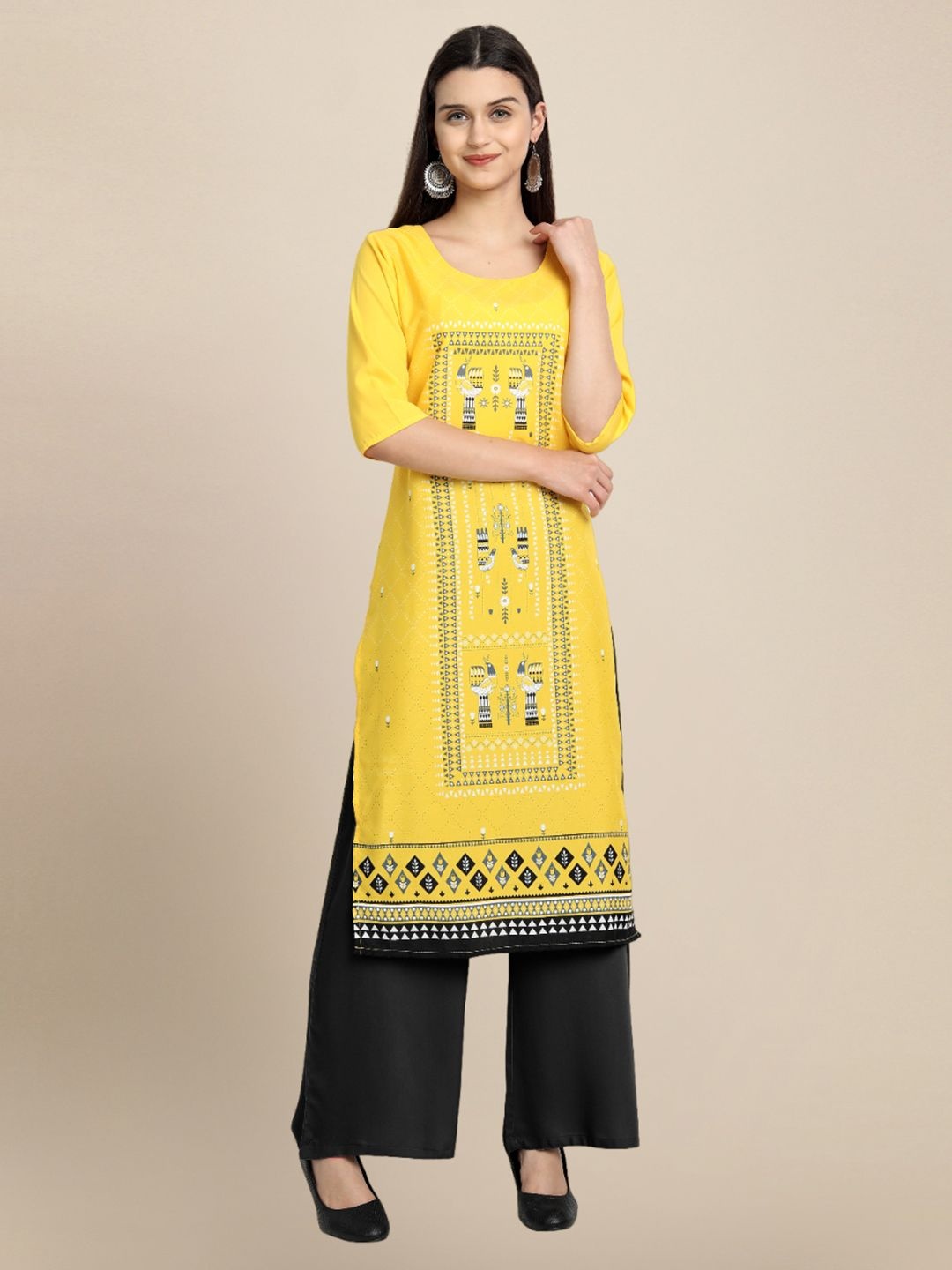 

7Threads Women Ethnic Motifs Printed Thread Work Floral Crepe Kurta, Yellow