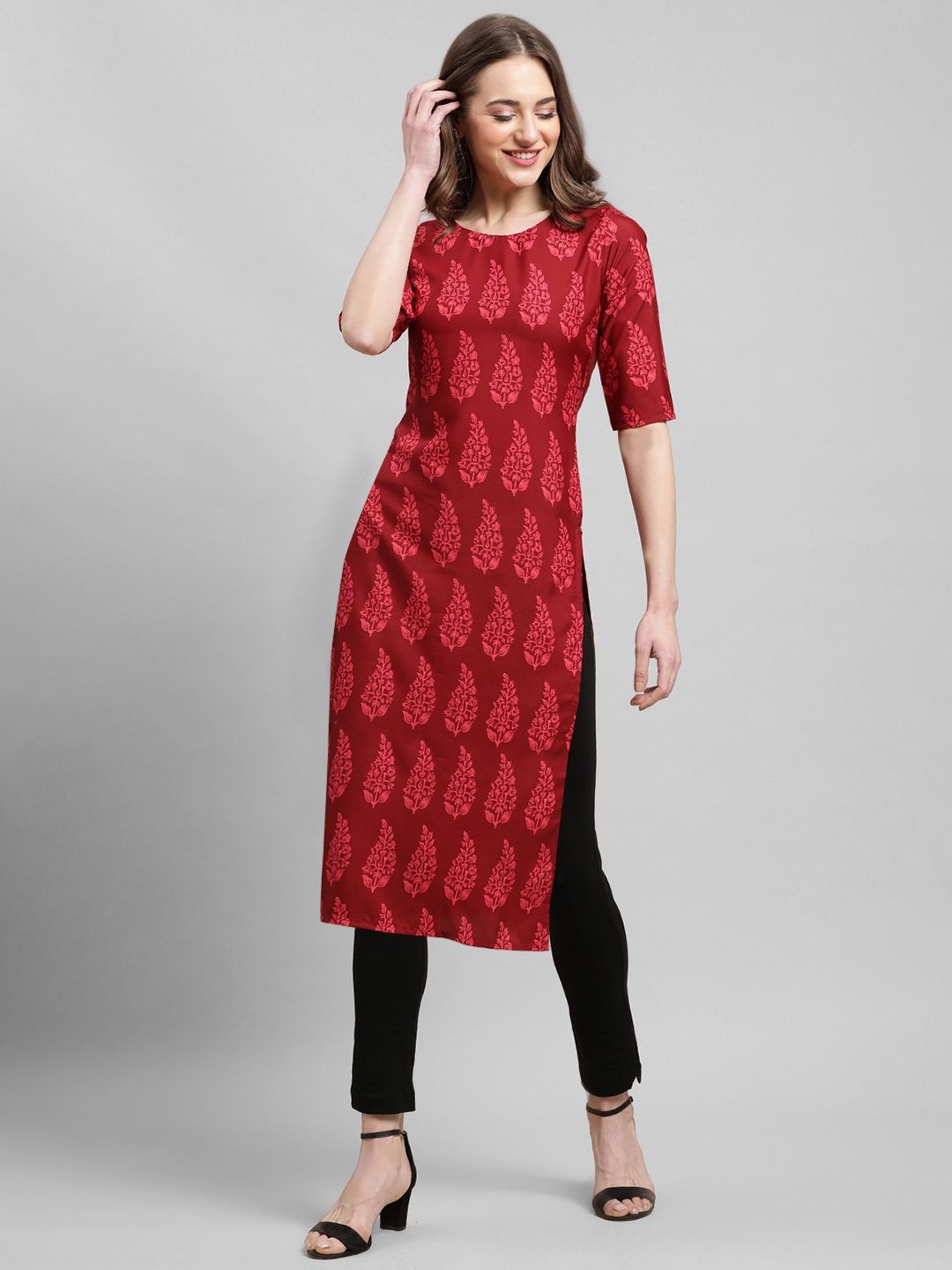 

7Threads Women Ethnic Motifs Printed Sequinned Floral Crepe Kurta, Red