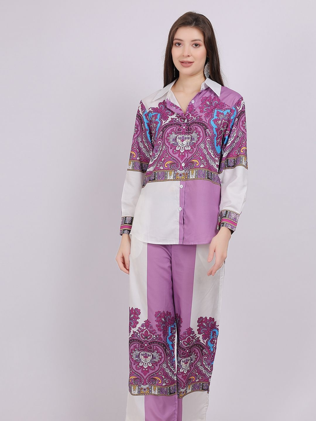

Aumbe Printed Shirt Collar Neck Shirt With Trousers Co-Ords, Purple