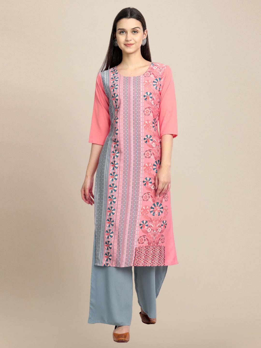 

7Threads Women Ethnic Motifs Printed Sequinned Floral Crepe Kurta, Pink