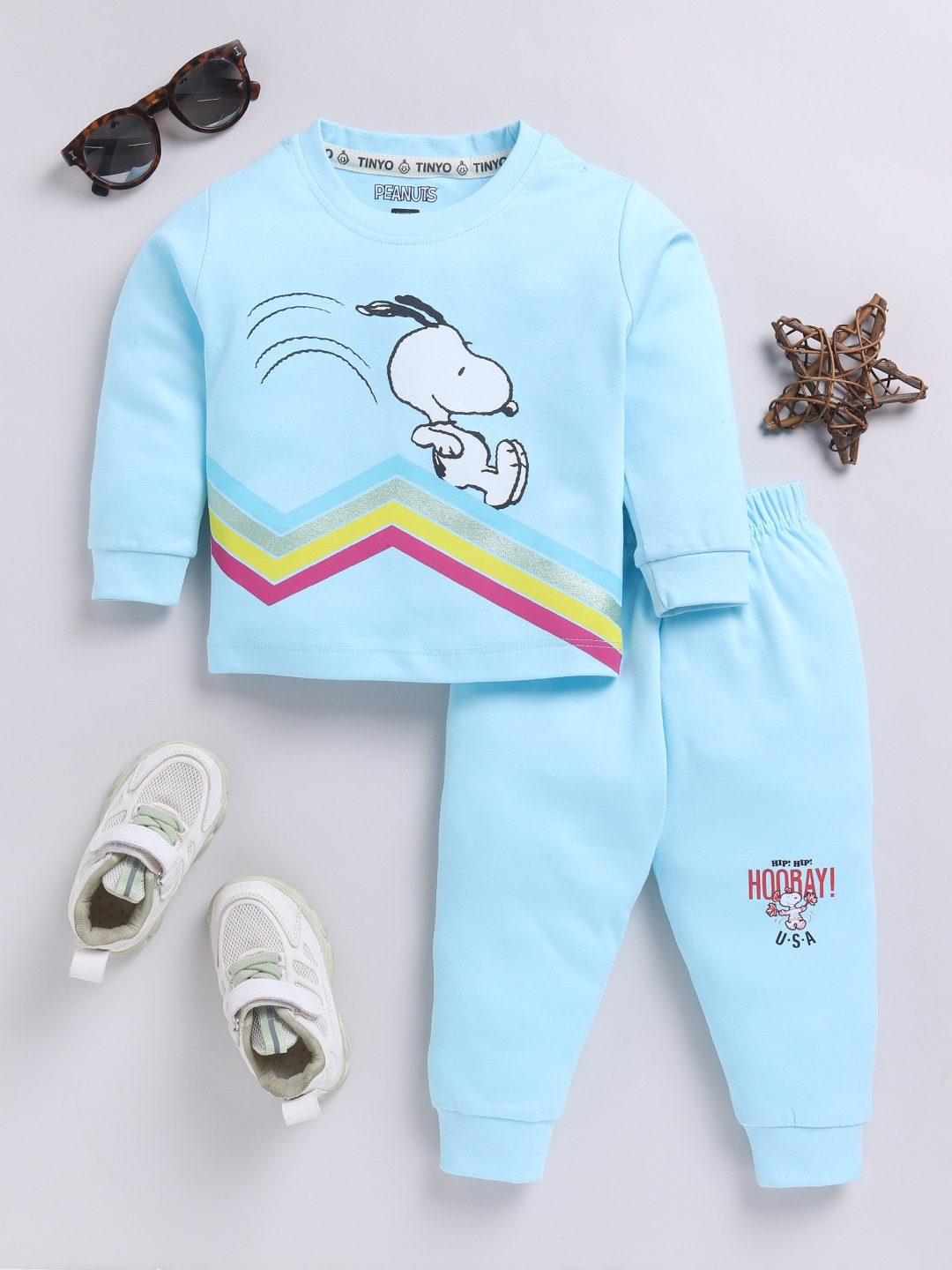 

YK X Tinyo Boys Printed Pure Cotton T-shirt and Joggers, Blue