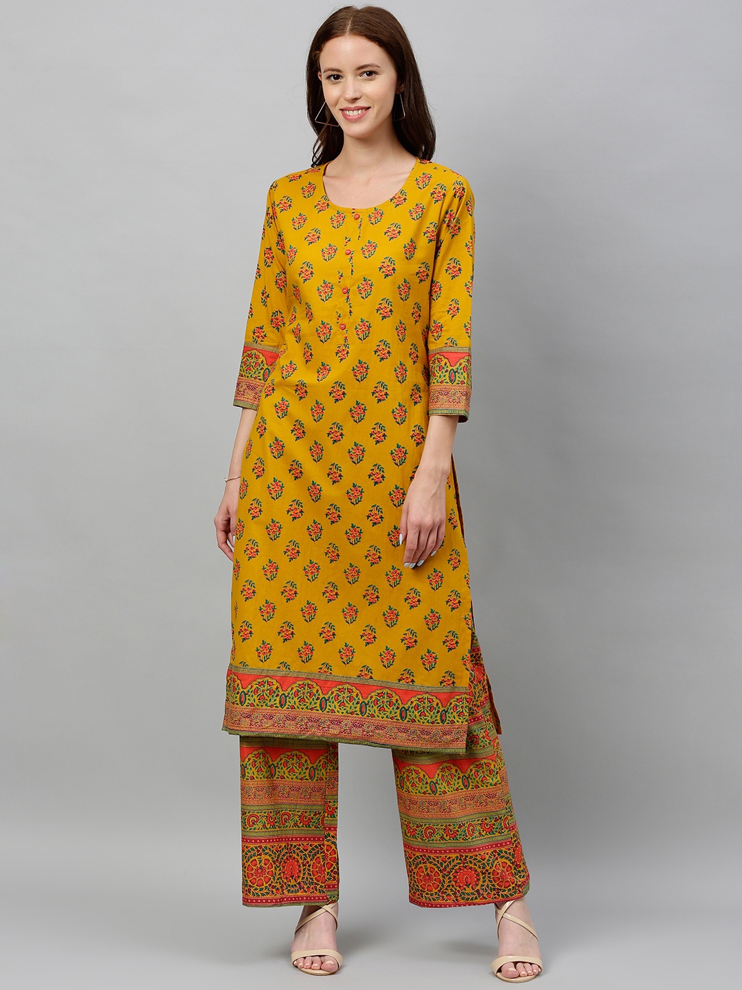 

kipek Women Floral Printed Regular Pure Cotton Kurta with Palazzos, Mustard