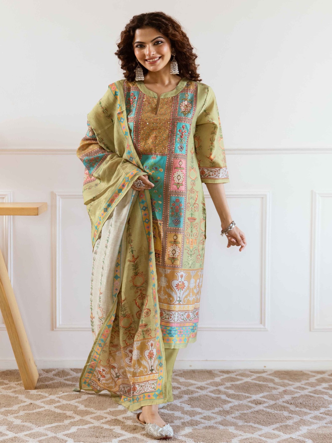 

KALINI Women Printed Regular Kantha Work Kurta with Trousers & With Dupatta, Green