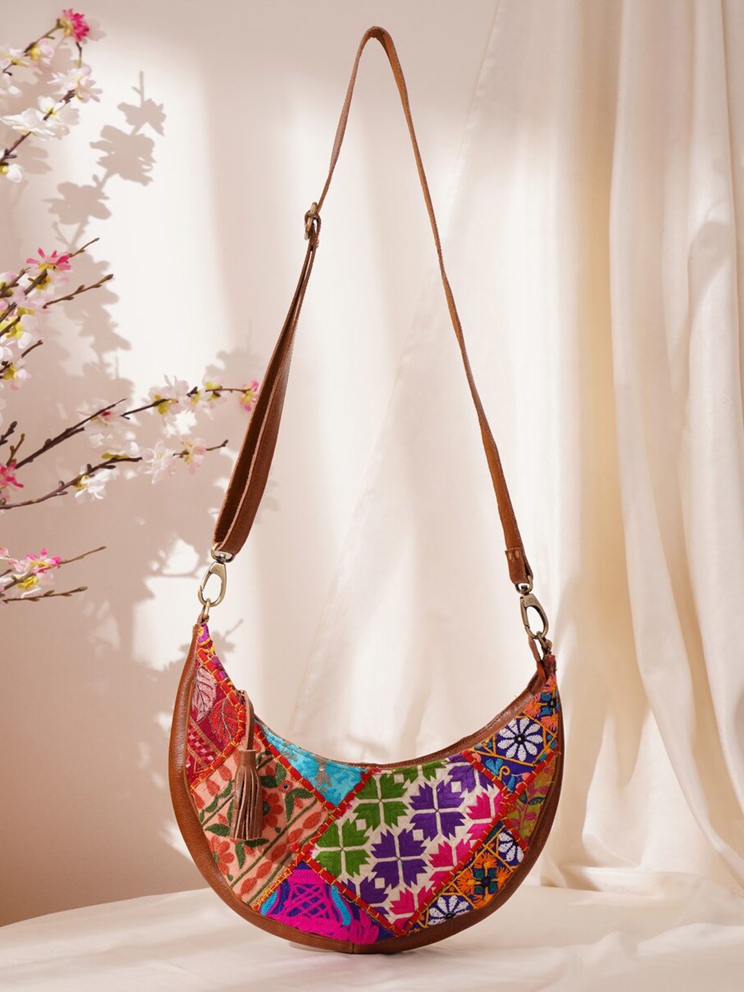

JAYPORE Women Floral Printed Crossbody Leather Sling Bag, Brown
