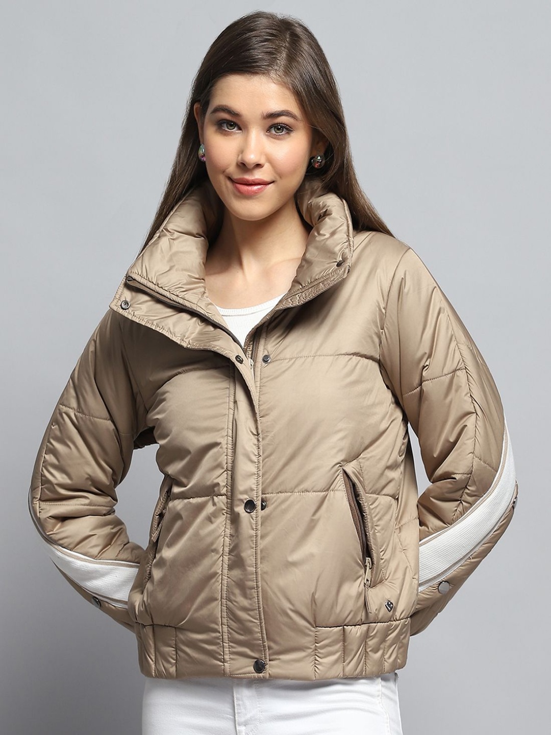 

Monte Carlo Women Mock Collar Solid Casual Lightweight Padded Jacket, Beige