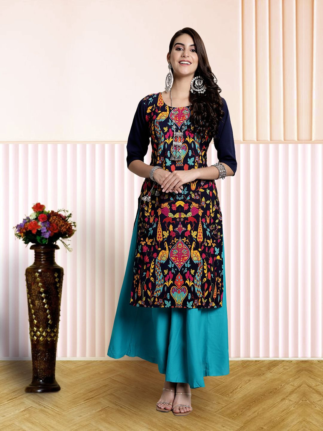 

7Threads Women Ethnic Motifs Printed Floral Crepe Kurta, Blue