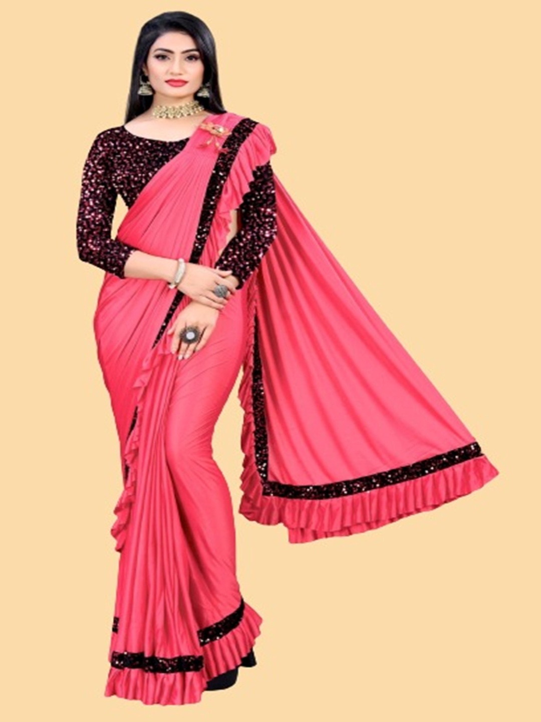 

LADY SHOPI Sequinned Ready to Wear Ruffle Saree, Coral