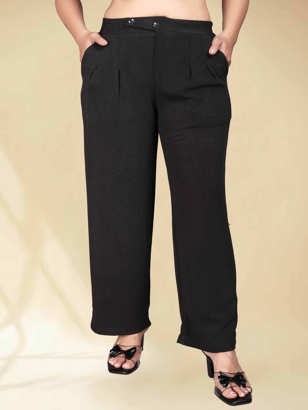 

N N ENTERPRISE Women High-Rise Relaxed Easy Wash Pleated Trousers, Black