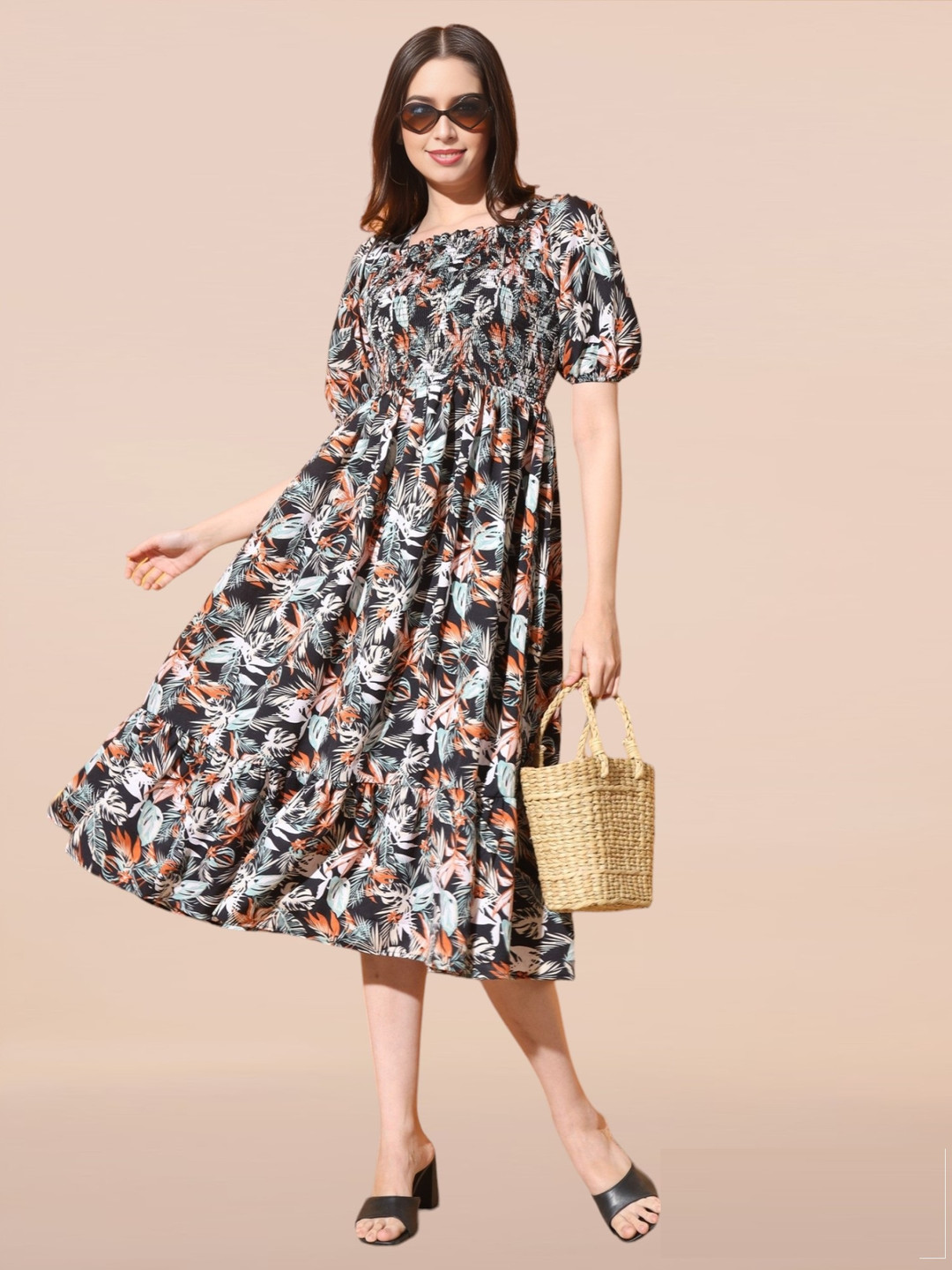 

Femvy Floral Print Puff Sleeve Applique Fit & Flare Midi Dress, Black
