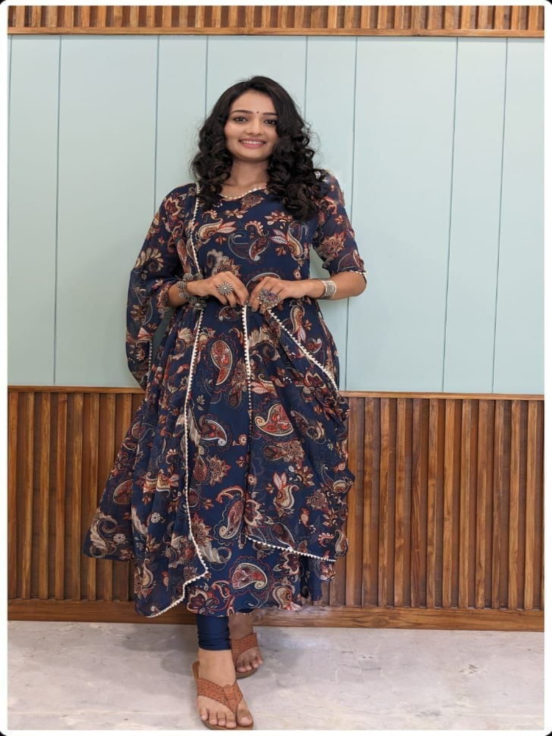 

AWRIYA Ethnic Motifs Print Georgette A-Line Dress, Blue