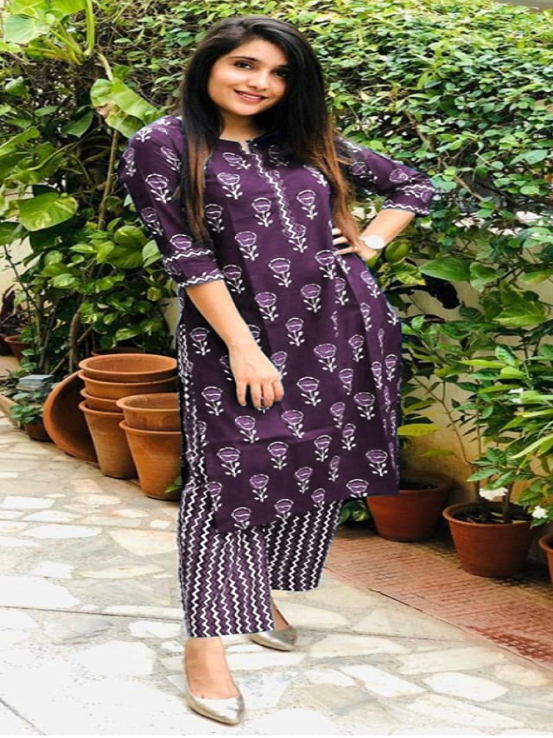 

KALINI Floral Printed Round Neck Regular Kurta with Trousers, Purple