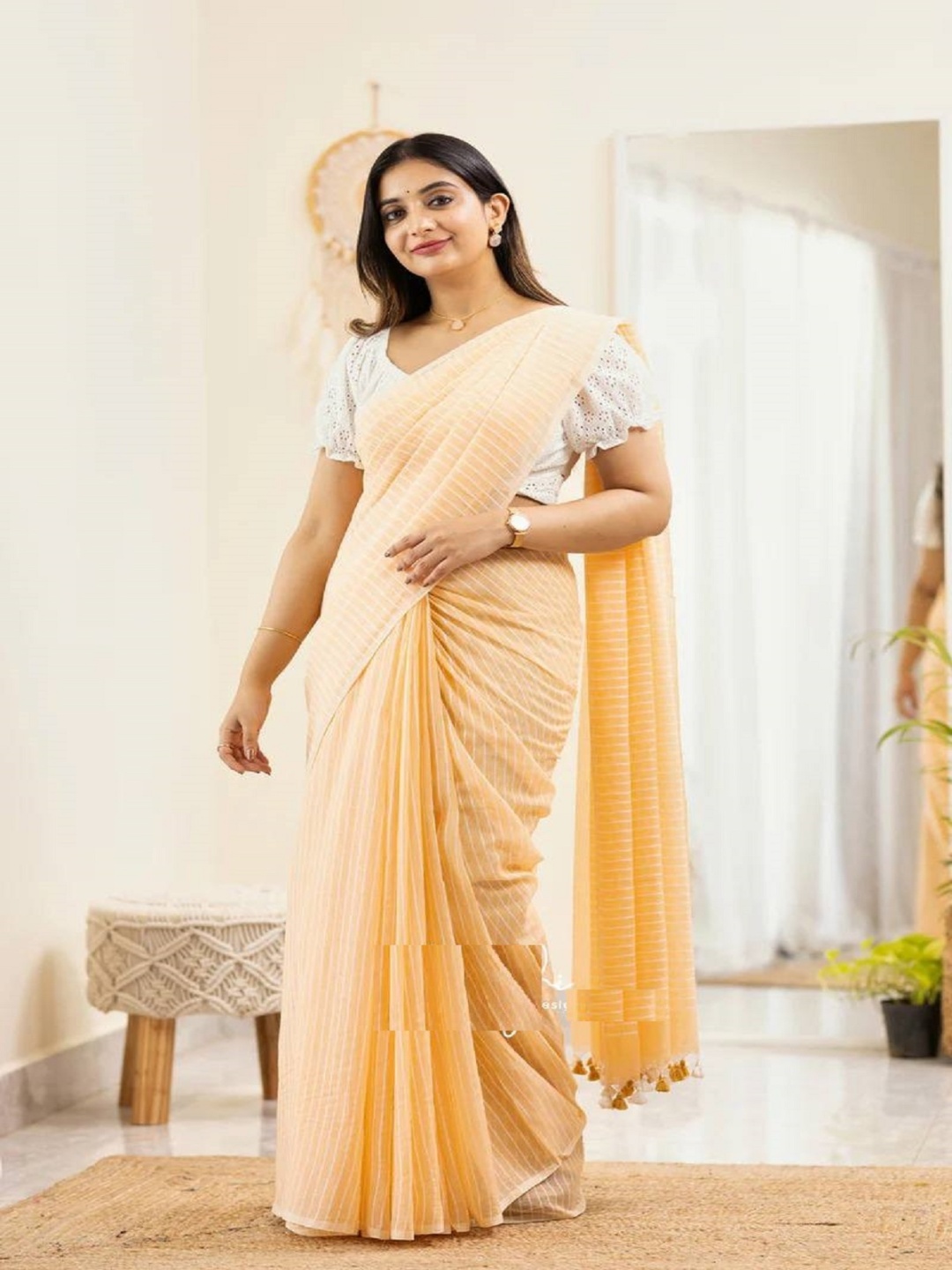 

LADY SHOPI Striped Pure Cotton Saree, Yellow