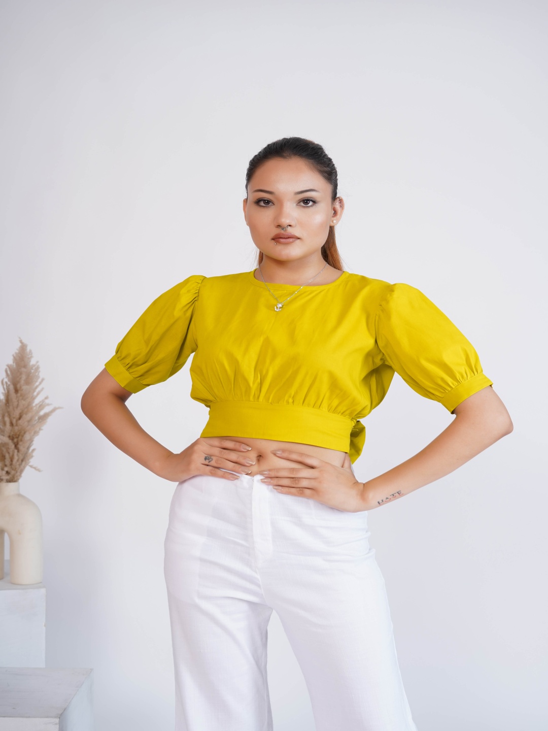 

Salvia Sky Puff Sleeve Cotton Crop Top, Lime green