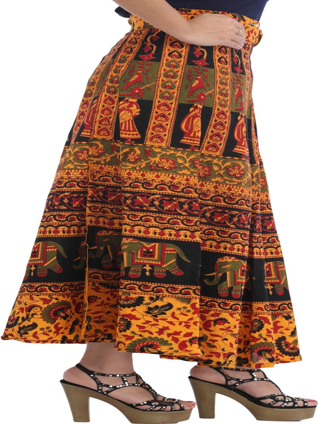 

Exotic India Ethnic Motifs Printed Wrap Around Maxi Skirt, Yellow