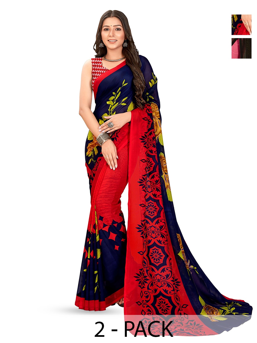 

ANAND SAREES Pack of-2 Floral Printed Saree, Red