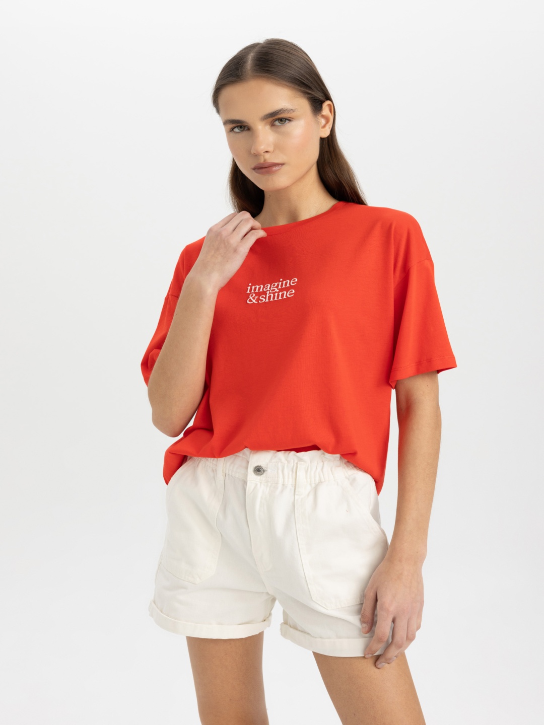 

DeFacto Typography Printed Drop-Shoulder Sleeves T-shirt, Orange