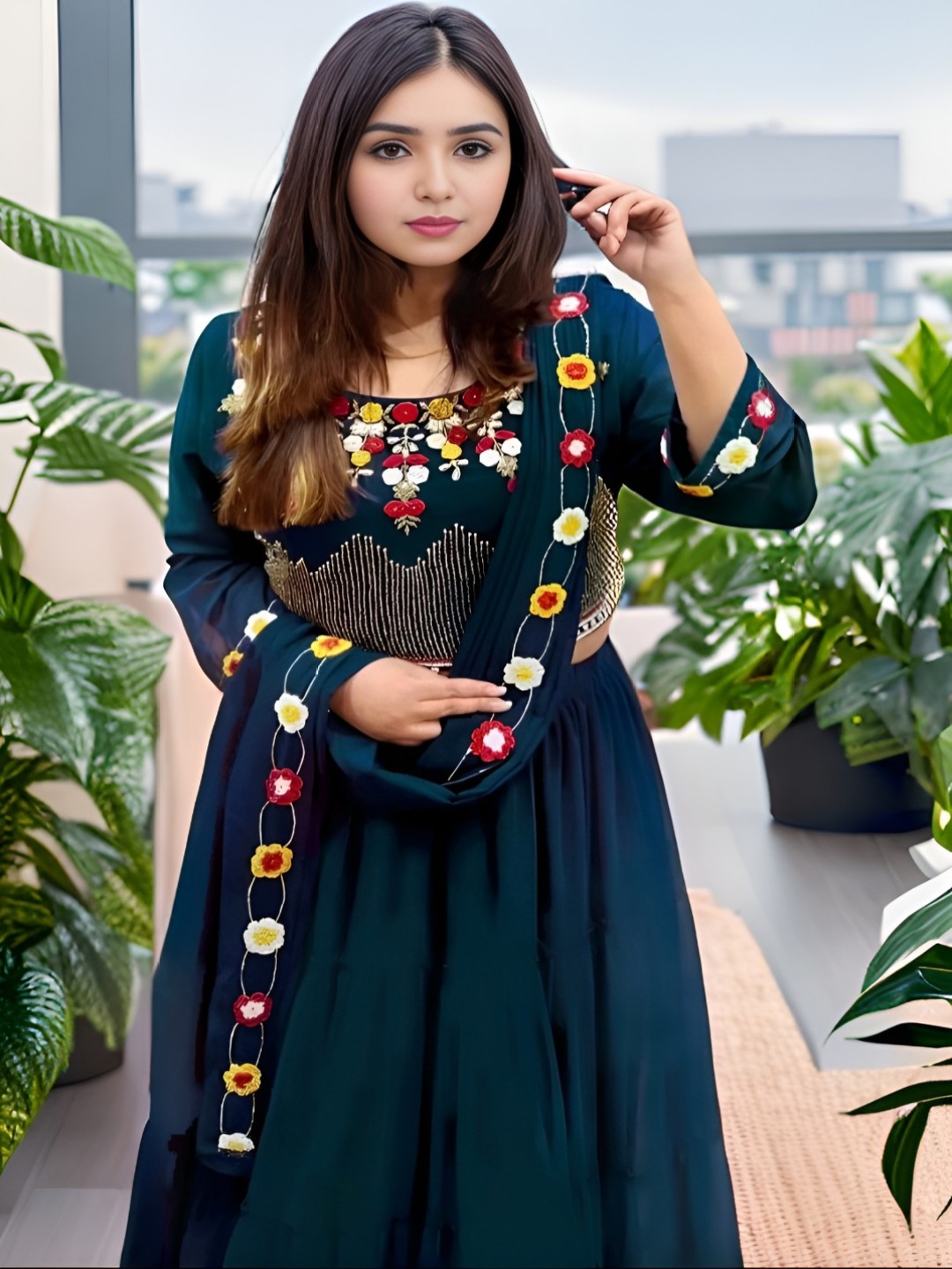 

MADHUR HAND WORK ART Embroidered Semi-Stitched Lehenga & Unstitched Blouse With Dupatta, Navy blue
