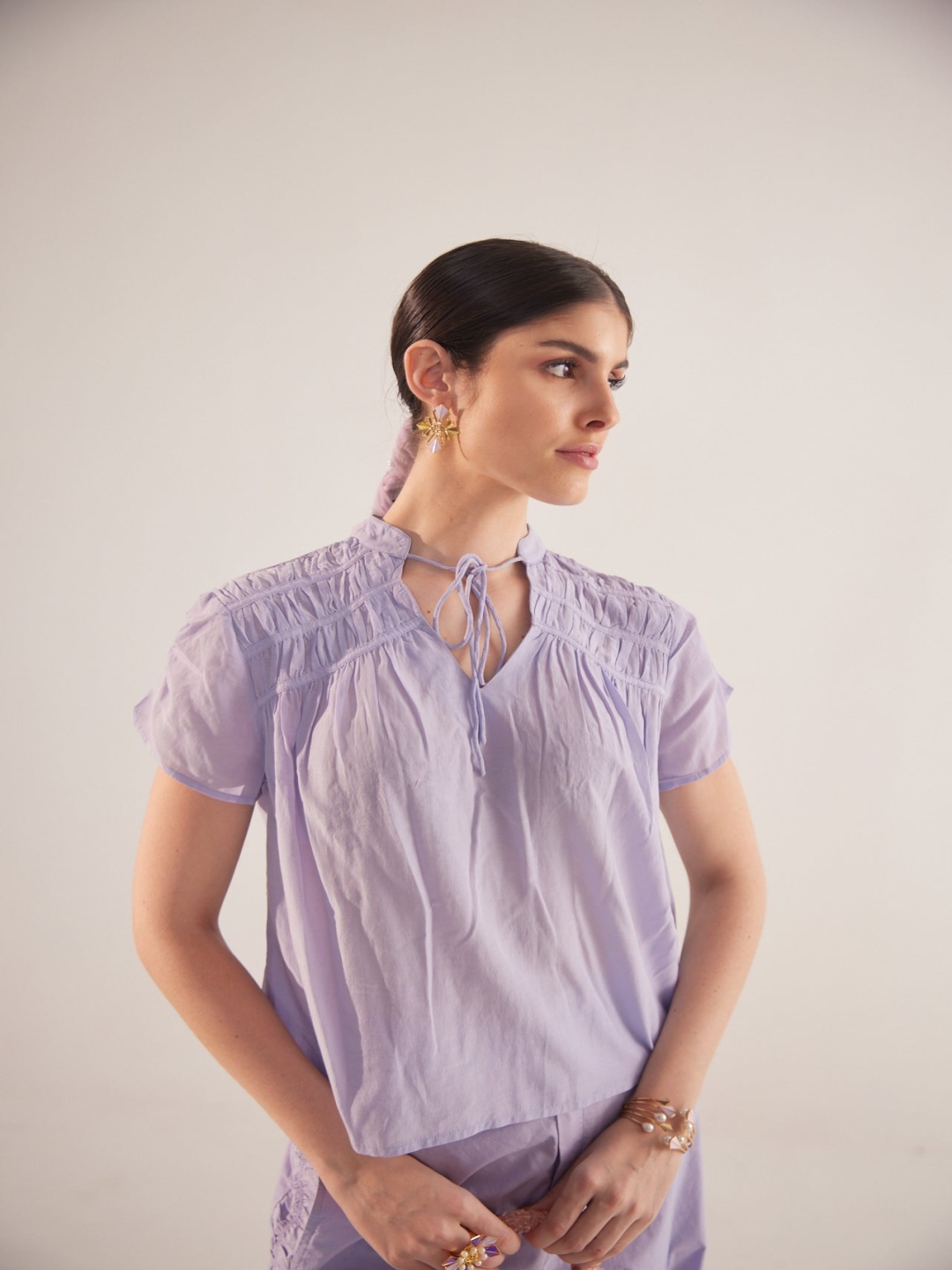 

Western Era Mandarin Collar Cotton Top, Purple