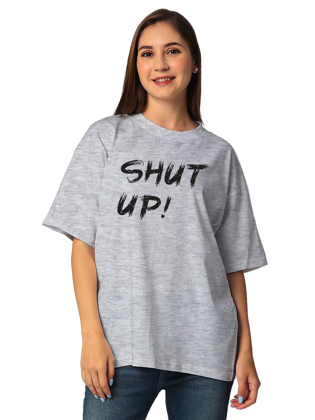 

STATUS MANTRA Women Typography Printed Bio Finish Applique T-shirt, Grey