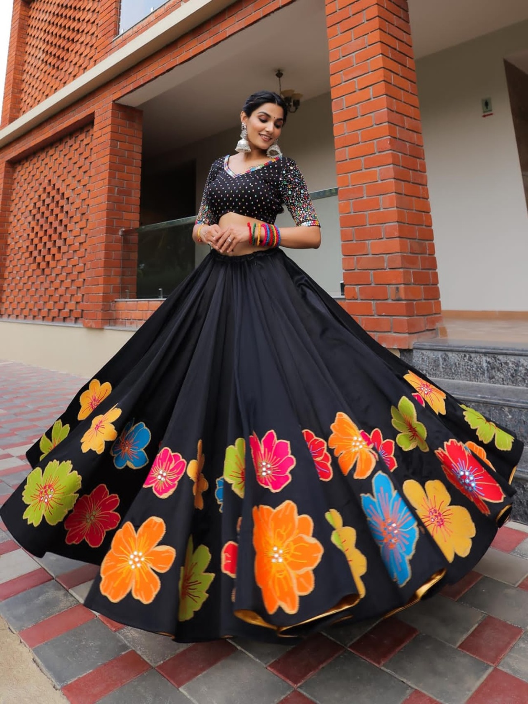 

Fashionuma Embroidered Mirror Work Semi-Stitched Lehenga & Blouse With Dupatta, Black