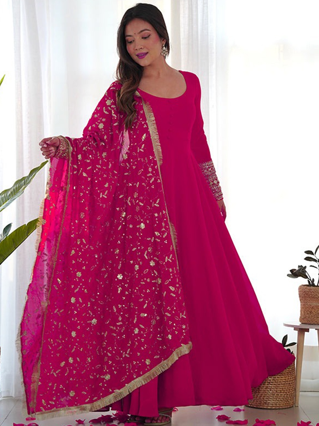 

KALINI Embroidered Maxi Ethnic Dress With Dupatta, Pink