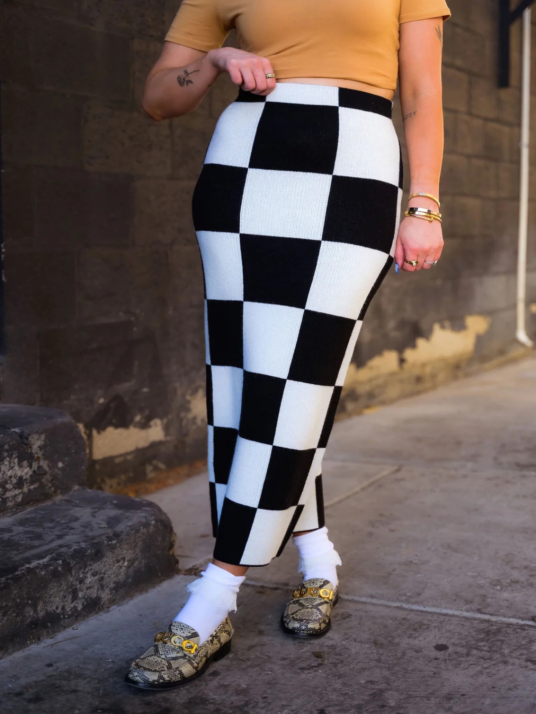 

TANDUL Checked Straight Maxi Skirts, White