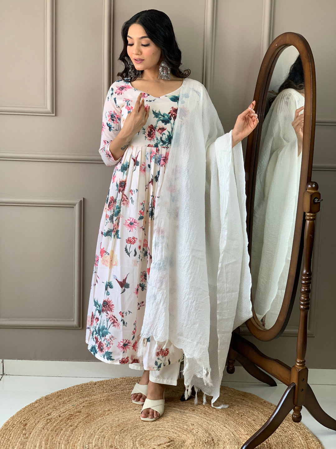 

THE52 Women Floral Printed Regular Kurta with Trousers & With Dupatta, White