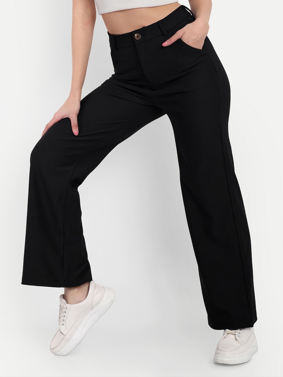 

Next One Women Smart Straight Fit High-Rise Easy Wash Corduroy Trousers, Black