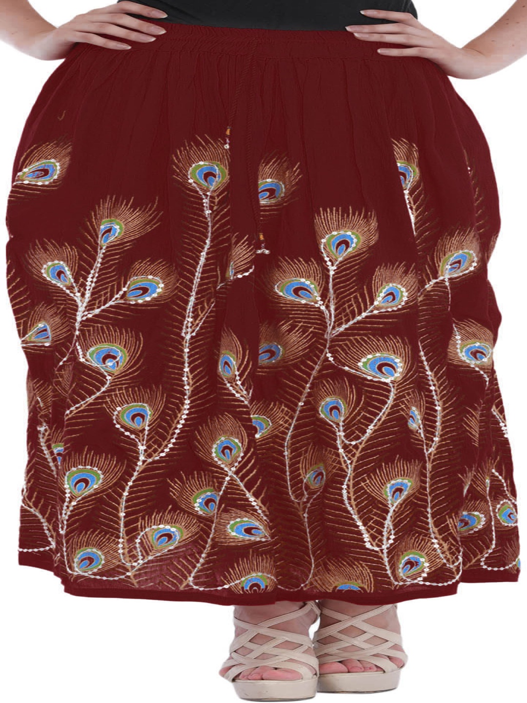

Exotic India Printed Embroidered Sequins Maxi Skirts, Brown